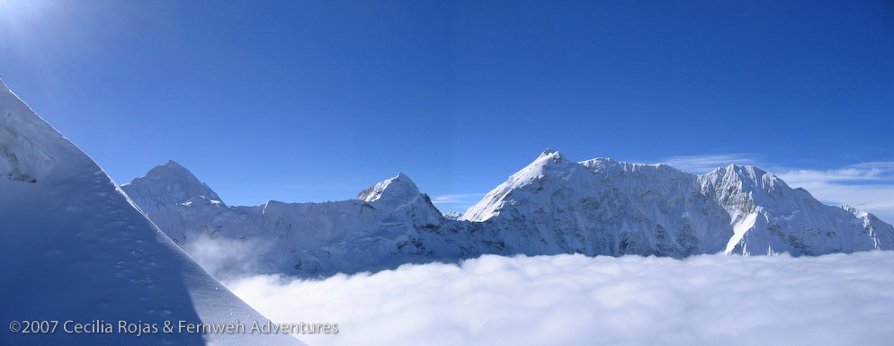 On the way up to Island Peak. To the left last ridge to climb to the top. In background the pyramid is Makalu and then Baruntse (7220 m)